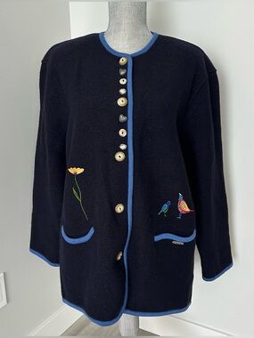 Geiger Size 40 Wool Jacket Cardigan Coat Embroidered Birds Navy Blue Vintage